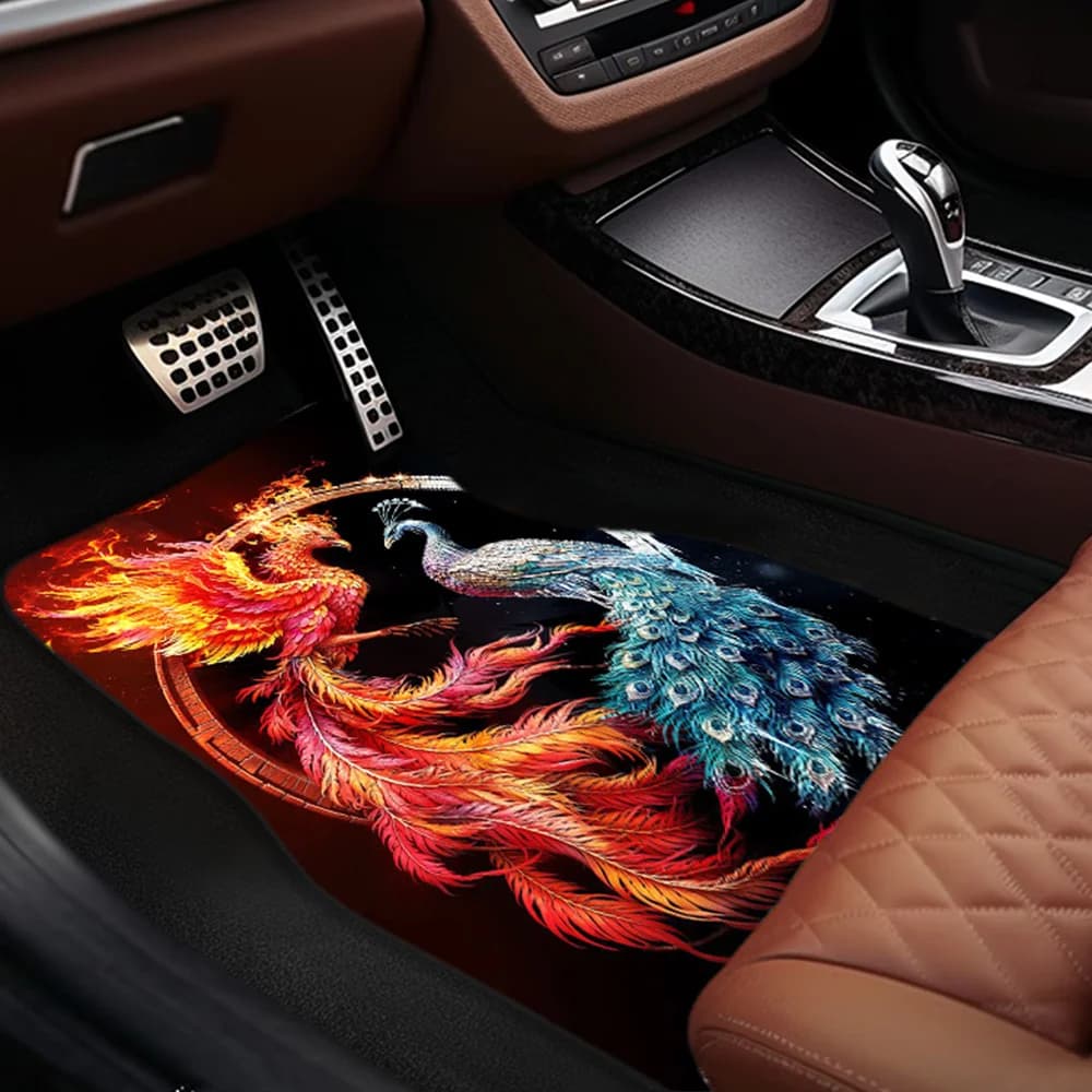 1pc/2pcs/4pcs Phoenix Fire & Ice Design Car Floor Mats, Universal Fit, All-Season Polyester Vehicle Mats, Comfortable & Durable,