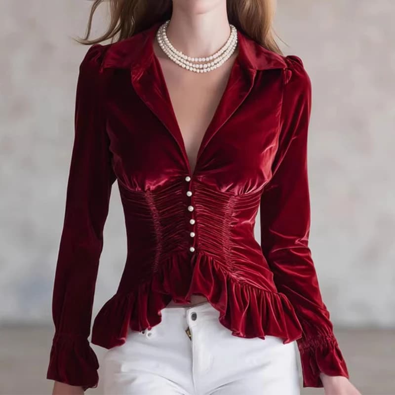 Camicetta Vintage in Velluto da Donna, Elegante Blusa Slim Fit con Colletto a Risvolto e Orlo Arricciato, Manica Lunga, per la Primavera