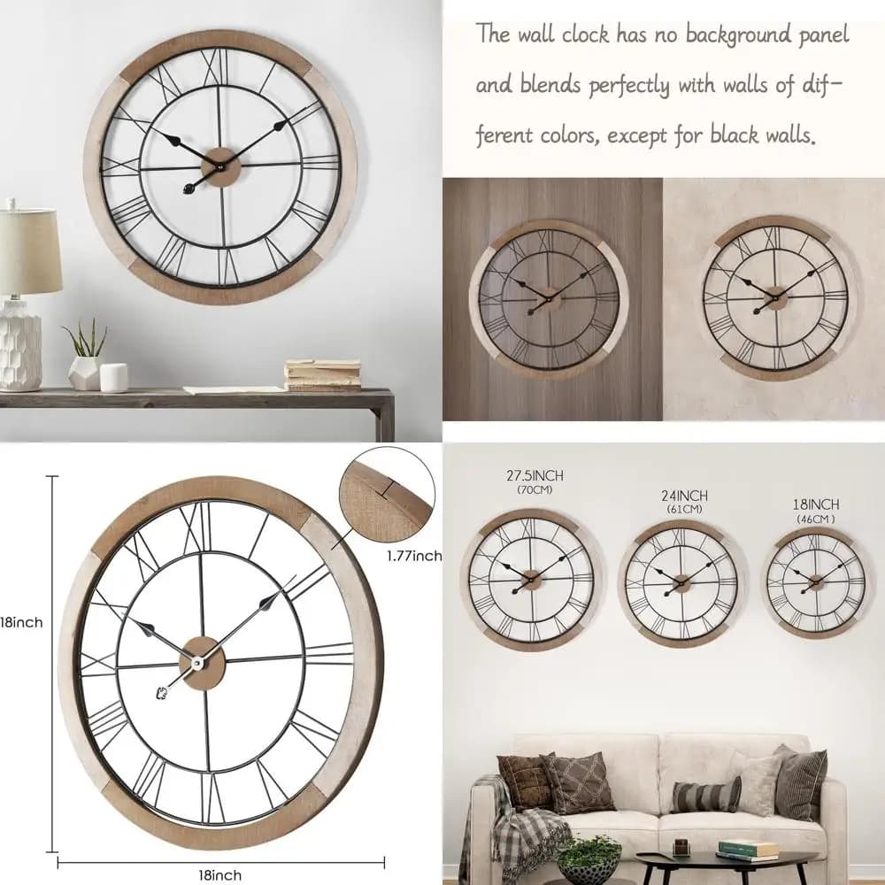 Grande Orologio da Parete in Legno Rustico Bianco Anticato a 18 Batterie per Arredamento Soggiorno
