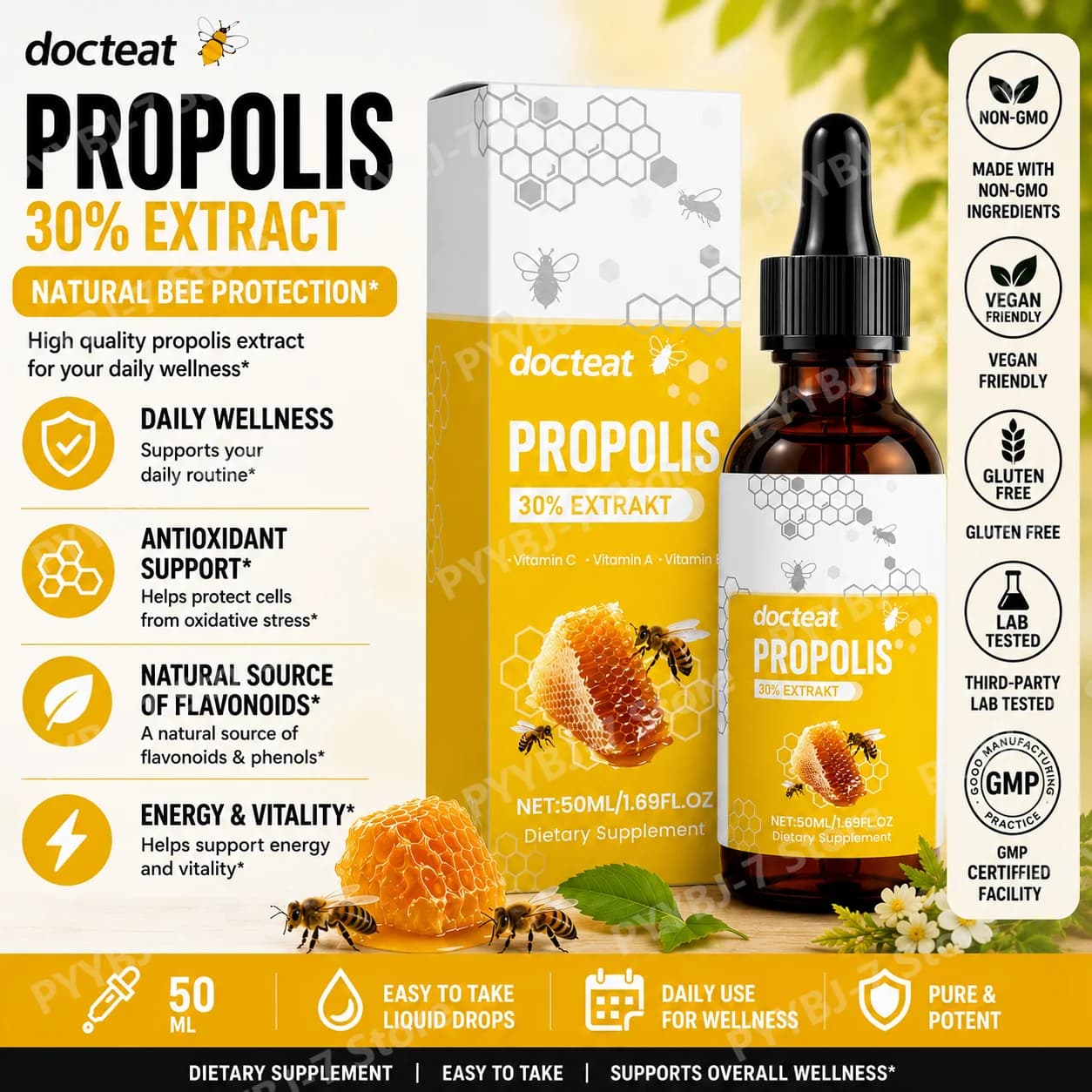 Estratto di Propoli Liquido 30% con Vitamine A, C, E, 50ml Integratore Antiossidante Quotidiano per il Benessere degli Adulti