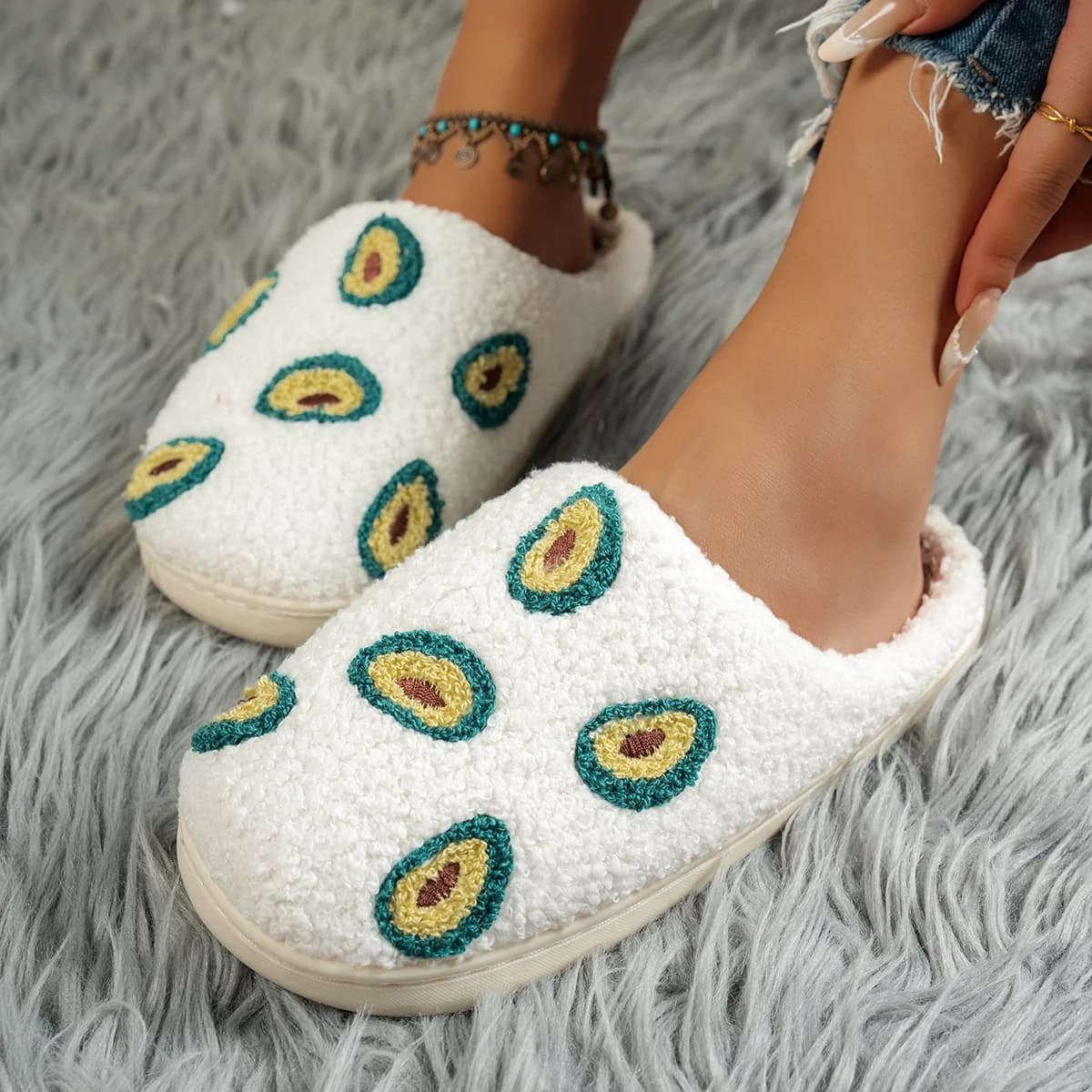 Women's casual bedroom Slippers with cute avocado pattern for interior, comfortable, warm, soft, interesting, in plush, for women's home