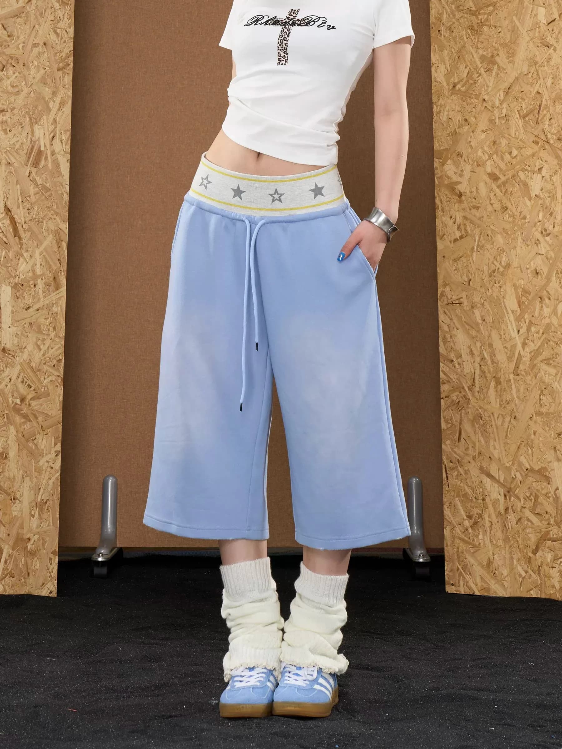 American Retro Style Star Spliced Thin Cotton Drawstring Loose Casual Sports Shorts Women's Summer Seven-Foot Pants