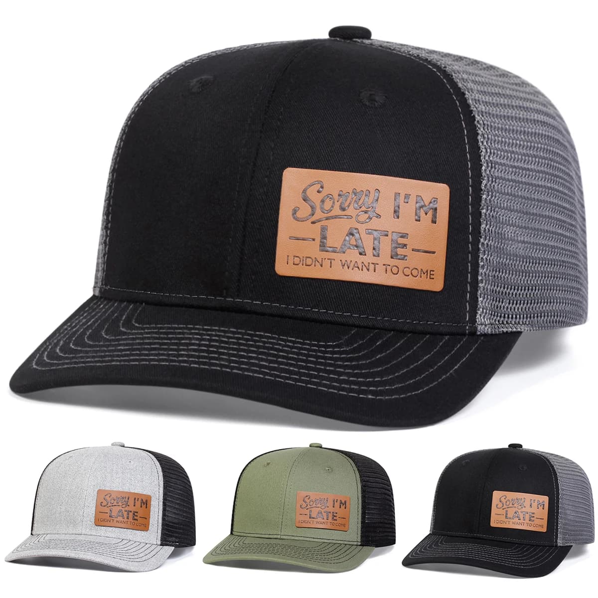 Cappellino da Baseball Unisex con Etichetta in Pelle 'SORRY I'M LATE', Regolabile, per Primavera/Estate, Protezione Solare, Sportivo