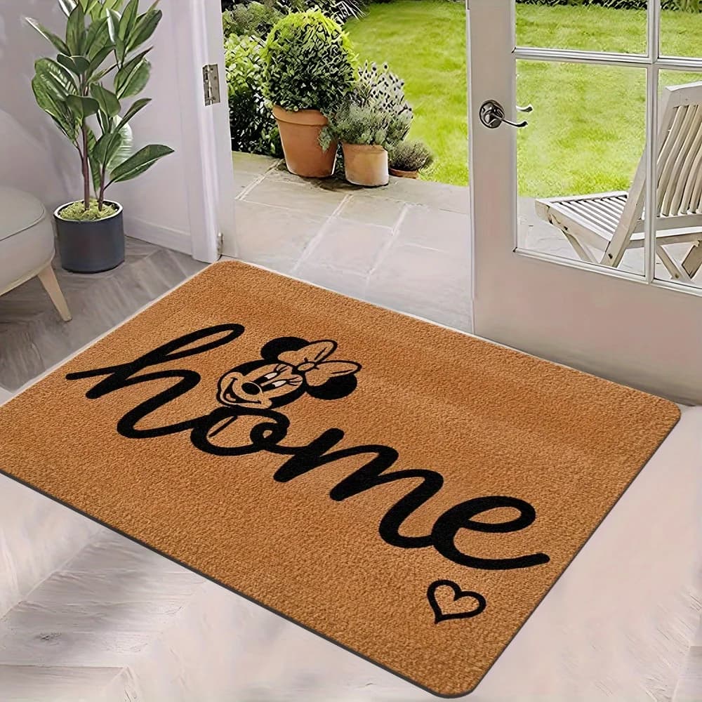 1 tappetino antiscivolo Mickey & Minnie Mouse - Design con scritta 'HOME' e accento a cuore, tappeto di benvenuto in poliestere resistente per ingresso, camera da letto