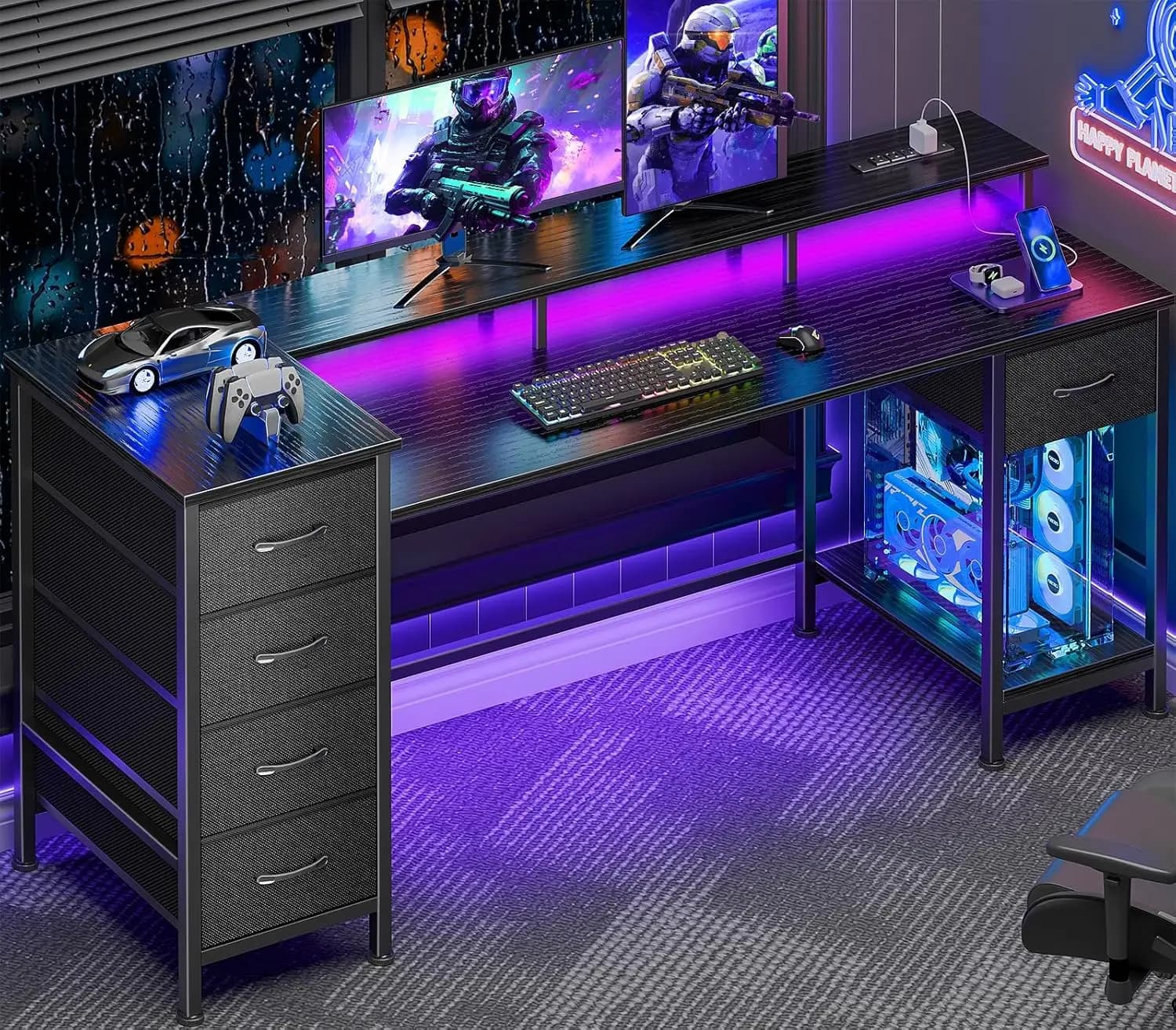 Scrivania da Gaming per Computer da 61 Pollici con Prese di Corrente e Luci LED, Scrivania Reversibile per Ufficio Domestico con 5 Tessuti Regolabili, Personalizzabile