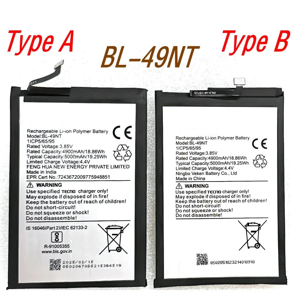 New BL-49NT Original Battery for Tecno Spark Go 2023/Pop 7 Pro BG6 Go1(Kl-4) Go 1s 2025 Conector Macho Mobile Phone