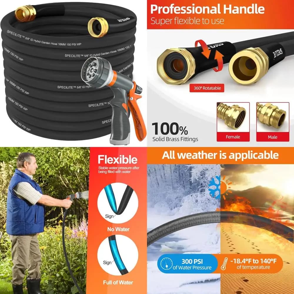 100 feet x 5/8 inch light and flexible garden hose for heavy duty with 600 psi burst pressure, outdoor fold-resistant hybrid rubber hose