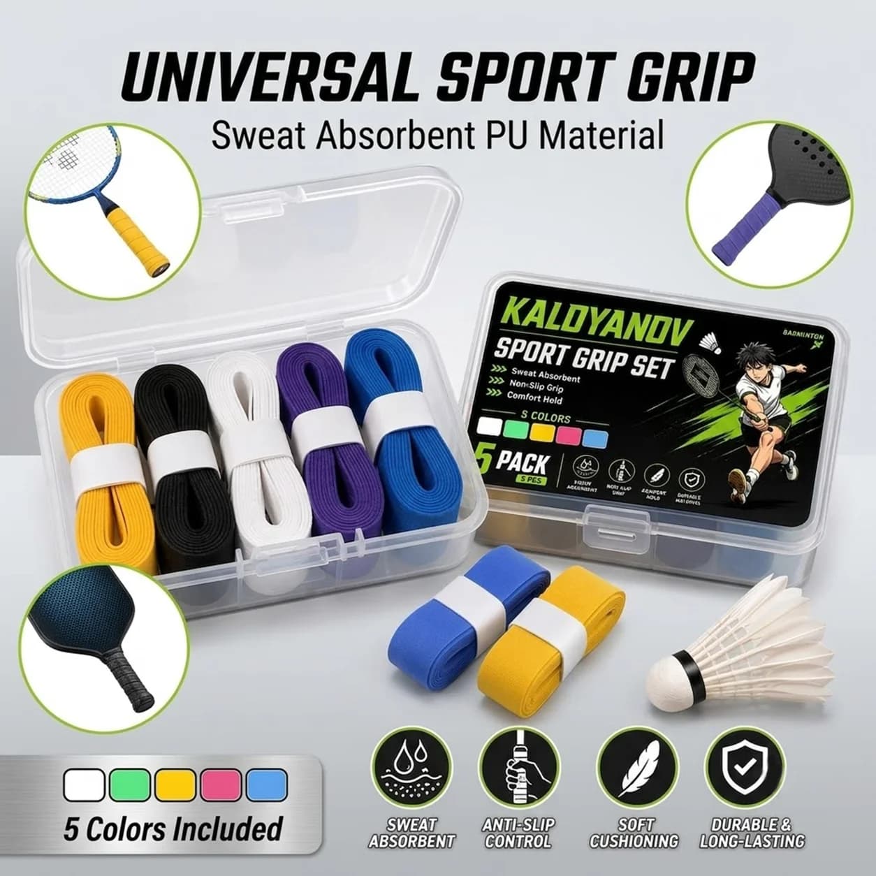 KALOYANOV 5PCS Badminton Overgrip Tape, Sweat-Absorbent Non-Slip PU Racket Grip Wrap for Tennis Padel Squash, 5 Colors 110x2.5cm