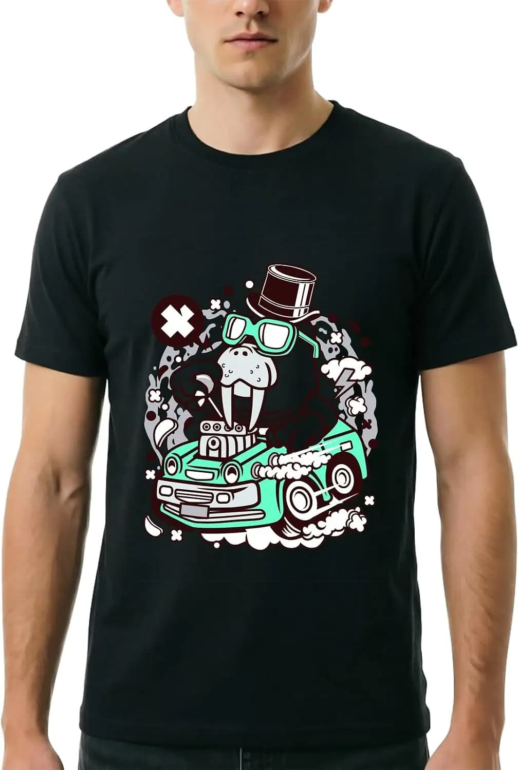 Vintage Cartoon Walrus Driving Car With Top Hat And Goggles Graphic Men's T-Shirt 100% Cotton Trendy Y2K Short-Sleeve Tee – Soft, Quick-Drying, All Occasion Casual Suitable For Concert Party Hanging Out Sightseeing Trip