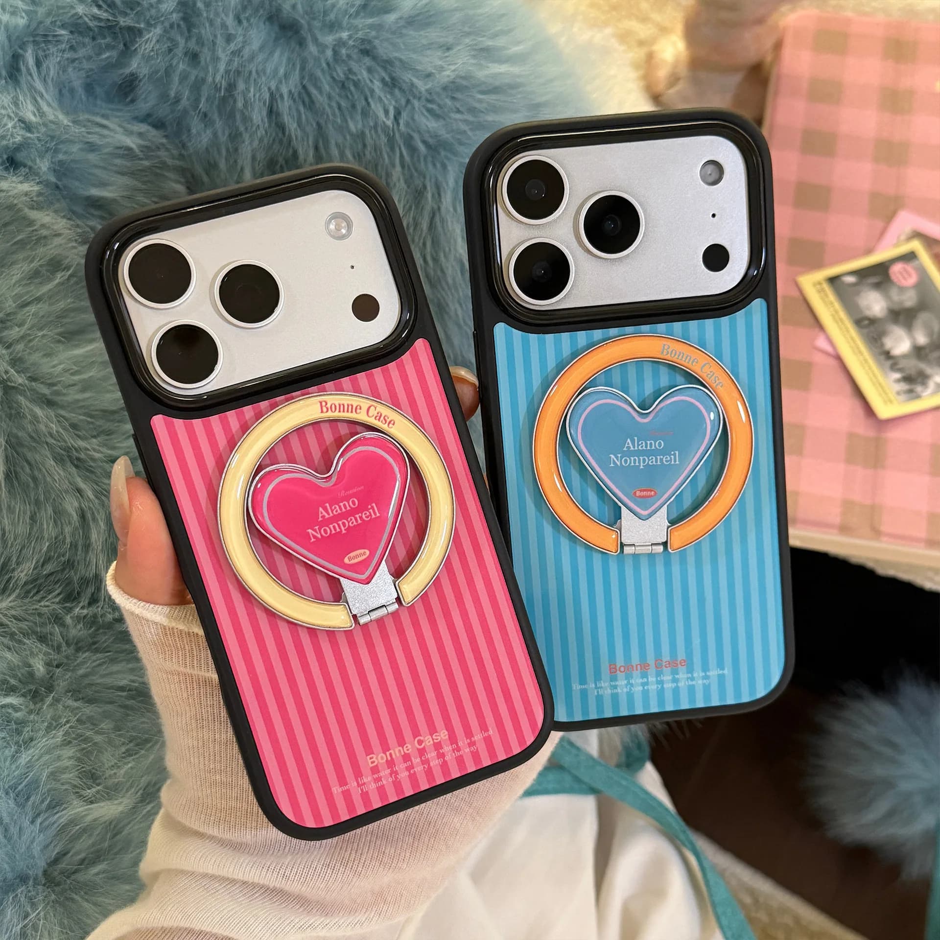 Custodia per telefono coreana a righe con cuore pieghevole e supporto magnetico per iPhone Air 12 13 14 15 16 17 Pro Max, cover rigida trasparente antiurto