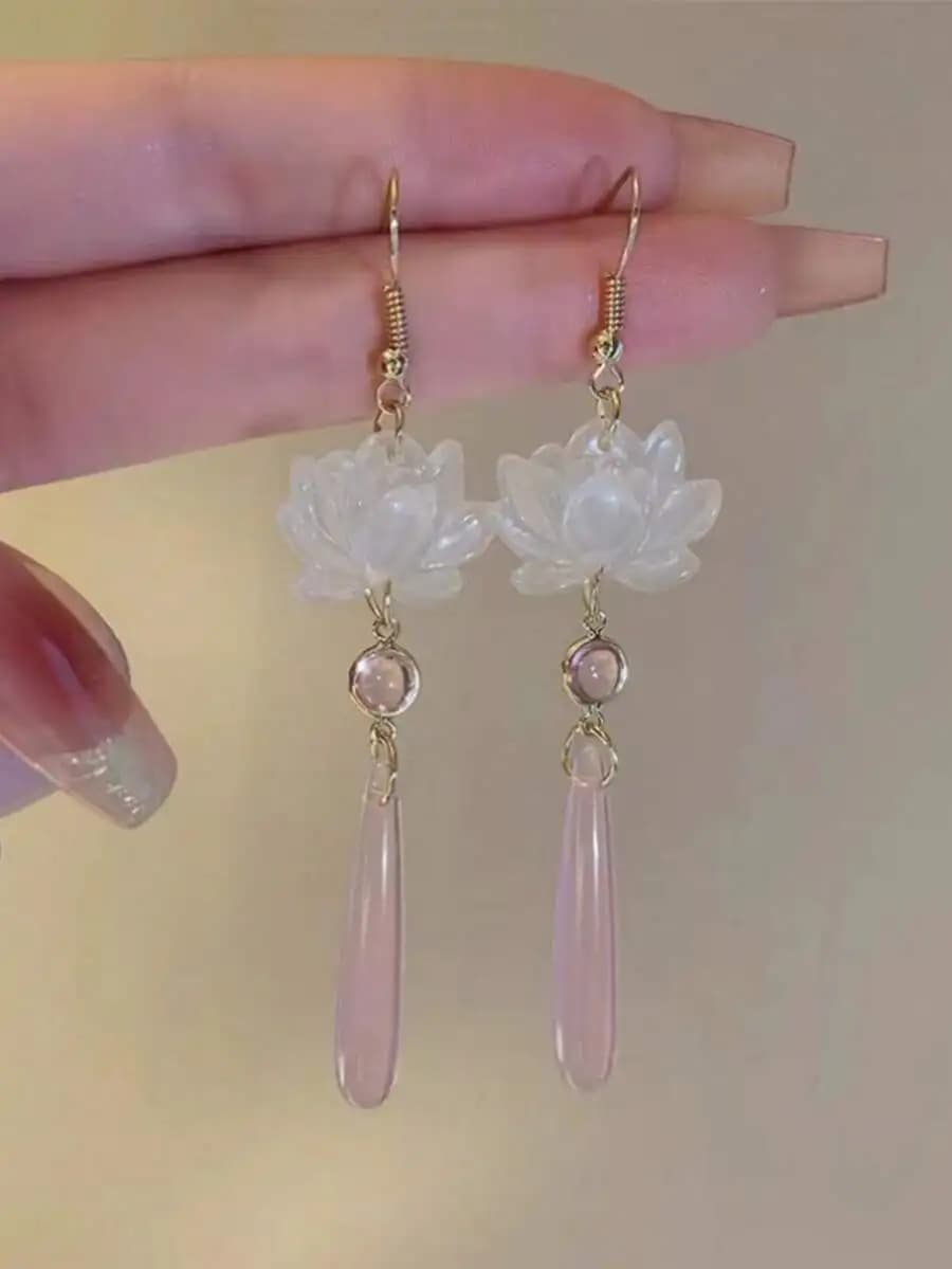 Chinese Style Lotus Flower Cat Eye Stone Long Water Drop Earrings For Women