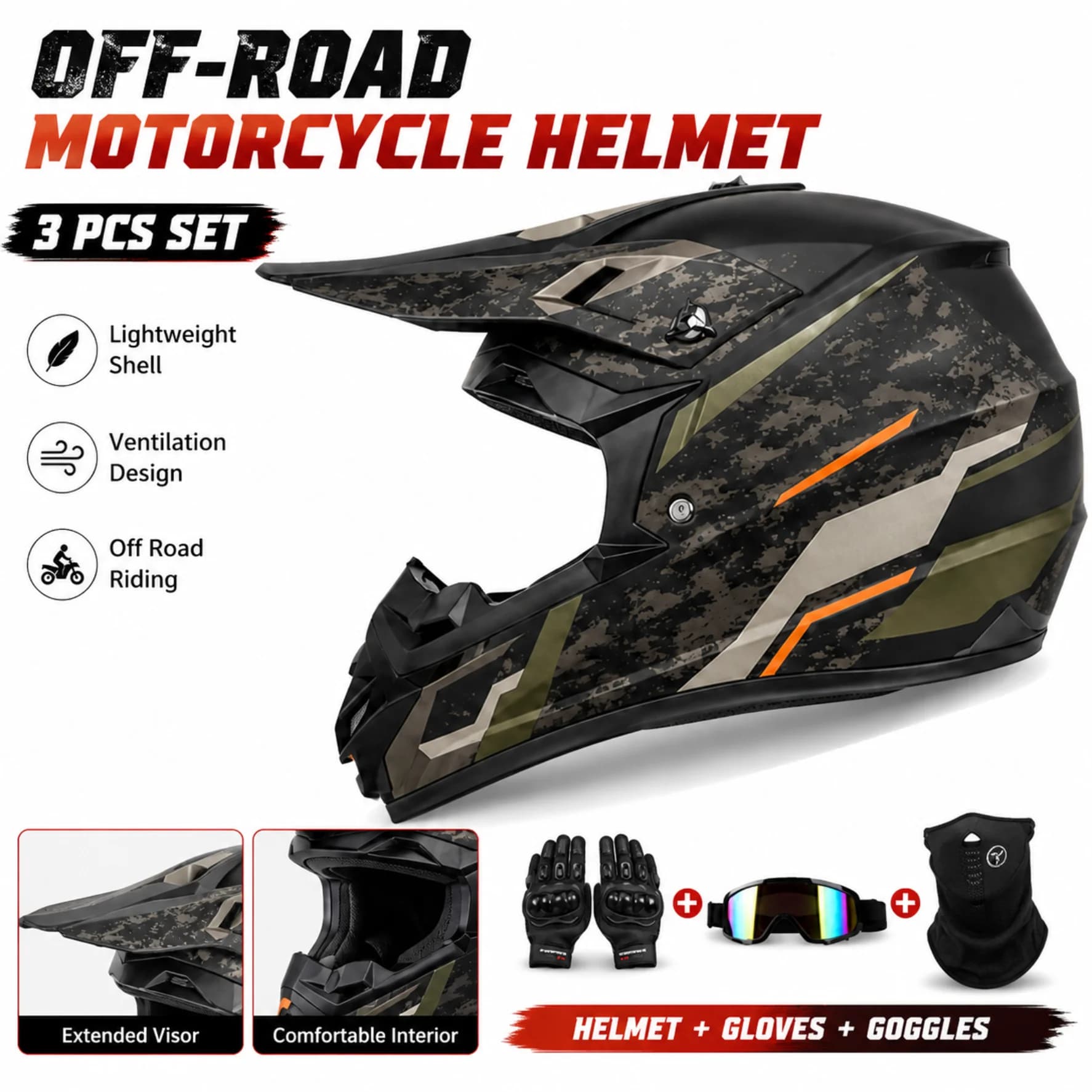 Motorcycle Off Road Helmet Full Face Motocross Dirt Bike Helmet Lightweight Riding Helmet With Gloves Goggles Set