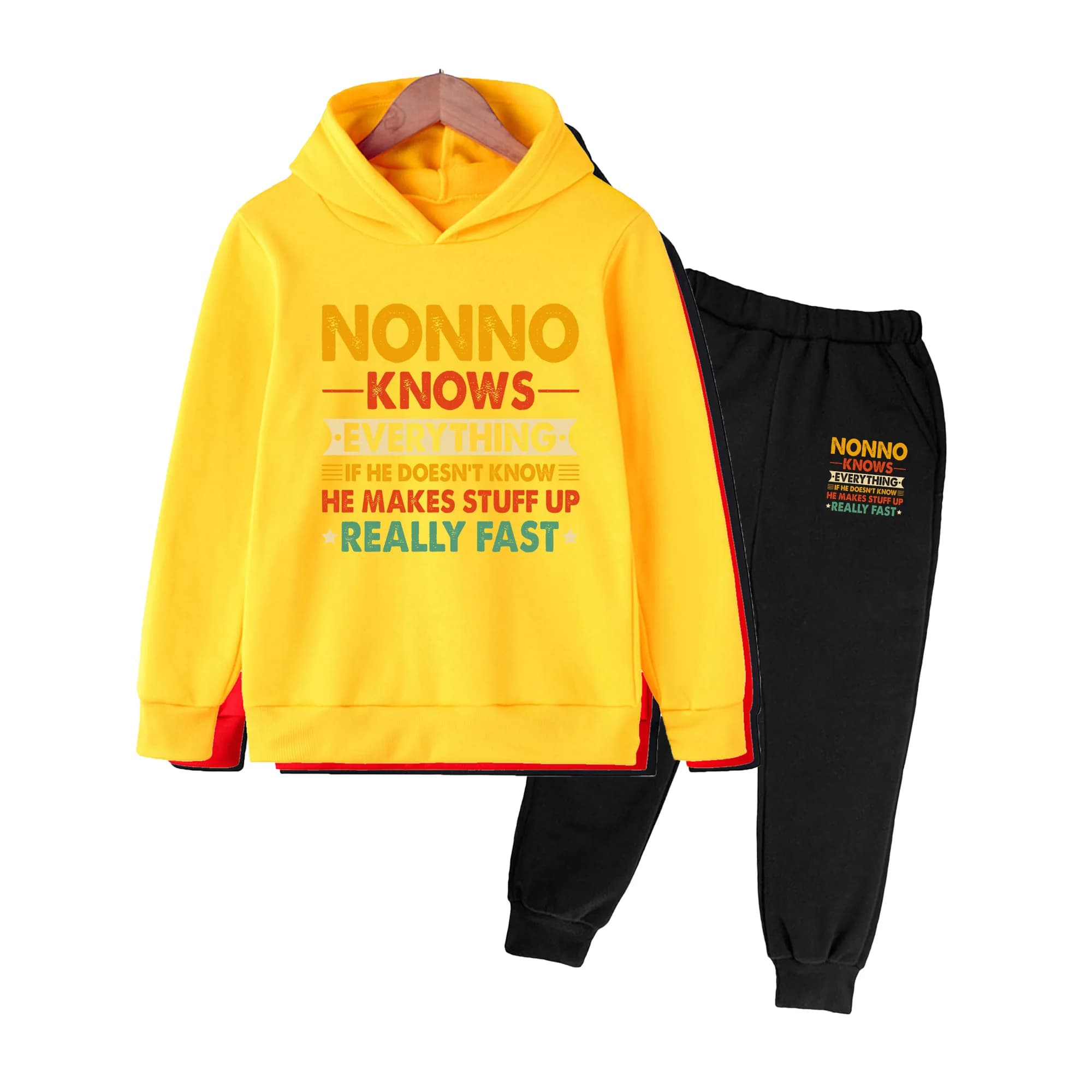 Kids Nonno Knows Print Hoodie & Pants Set, Casual Long Sleeve Outfit for Boys Girls Daily Wear