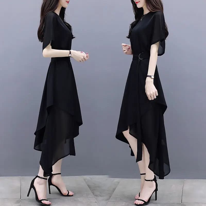 Abito in chiffon nero da donna elegante irregolare a maniche corte di media lunghezza slim fit alla moda delle nuove donne estive