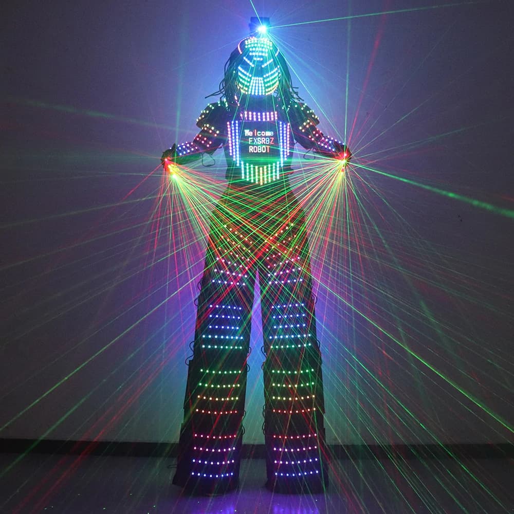 Pixel a colori LED Robot Suit Costume Traje LED Abito Abito Abiti Trampoli Giacca luminosa Guanti laser Predator Casco illuminato
