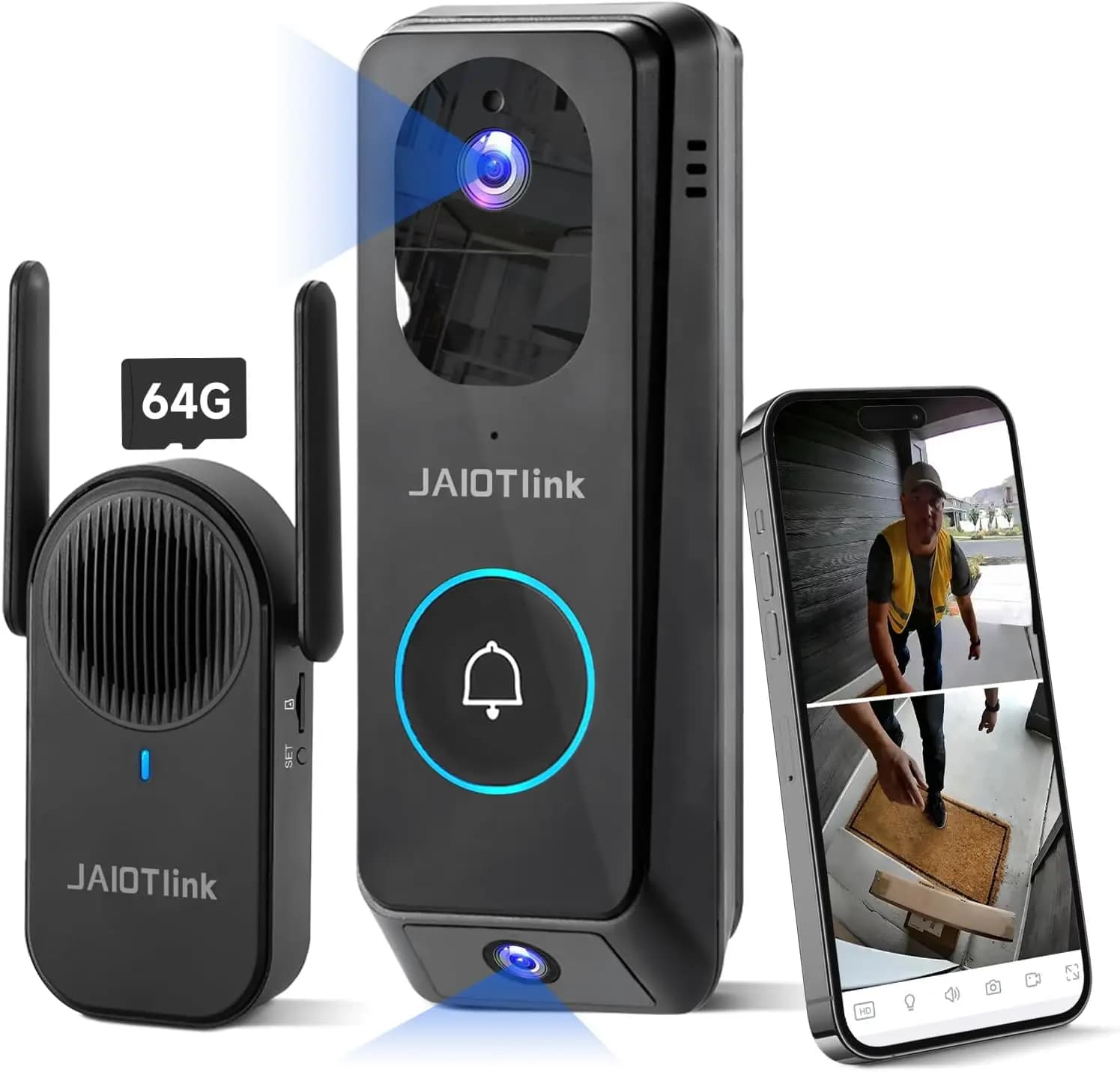 Campanello Wireless con Telecamera a Doppia Lente 2K, Scheda SD da 64GB, Modulatore Vocale, WiFi, Protezione Pacchi