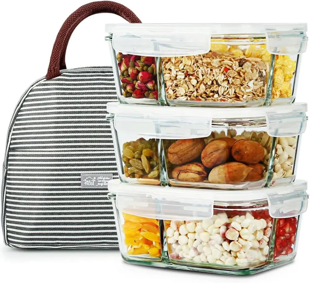 Set di 3 Contenitori in Vetro da 36oz con 3 Scomparti, Adatti per Microonde e Forno, per Preparazione Pasti e Pranzo