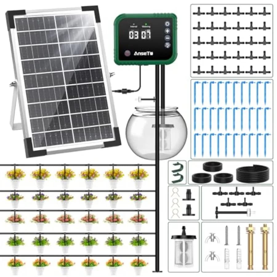 Sistema di irrigazione a goccia solare da 8W per giardini, kit automatico fai-da-te per irrigare 30 vasi, include tubo gocciolante da 35m e 30 emettitori