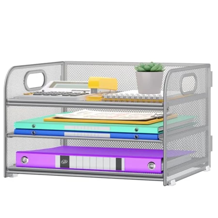 3 Tier Paper Organizer with Handle, Metal Desk Organizer Mesh Paper Letter Tray Desktop File Folder Document Sorter for Classro