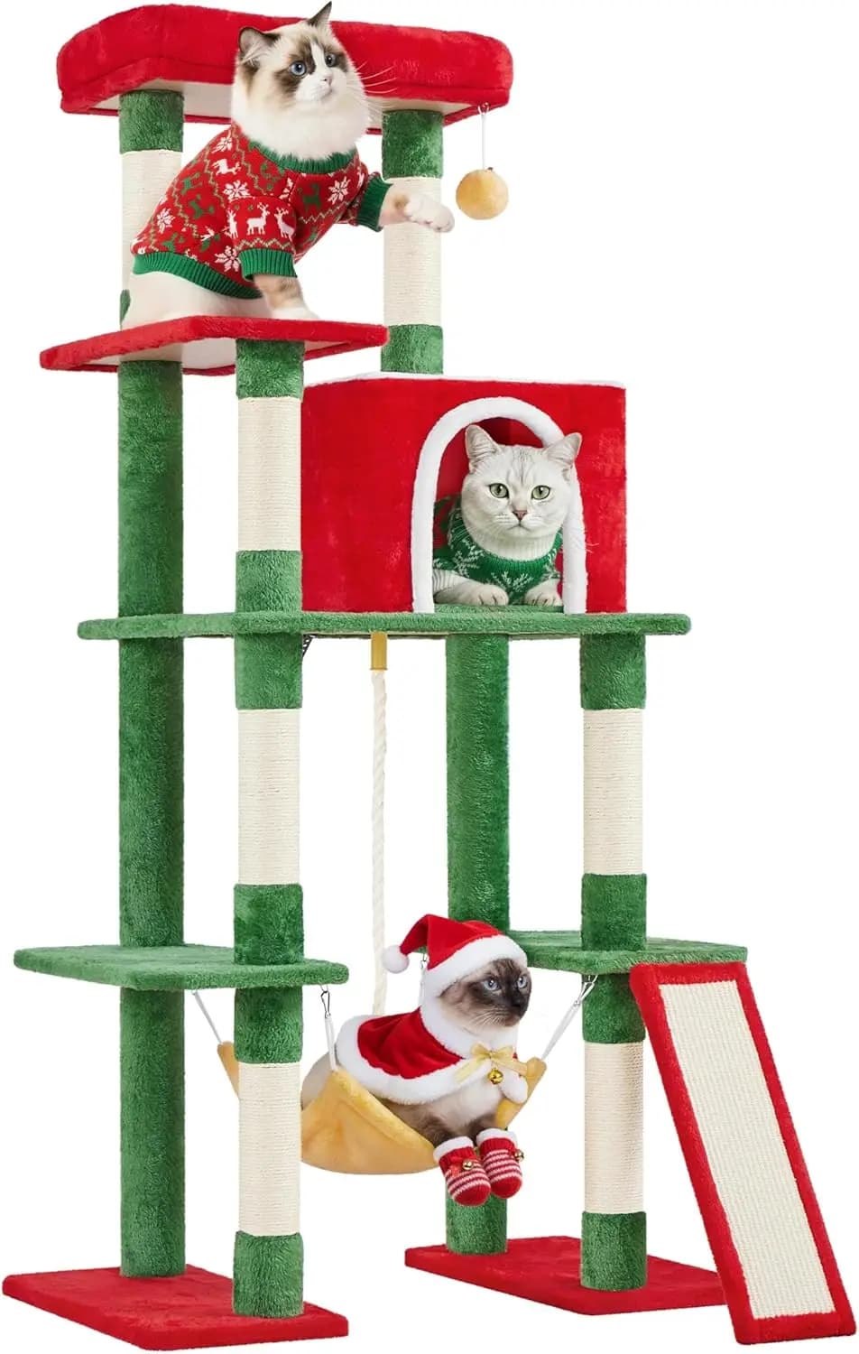 Albero di Natale per gatti con accogliente condominio, 7 tiragraffi, amaca e scala per i gattini per giocare e dormire