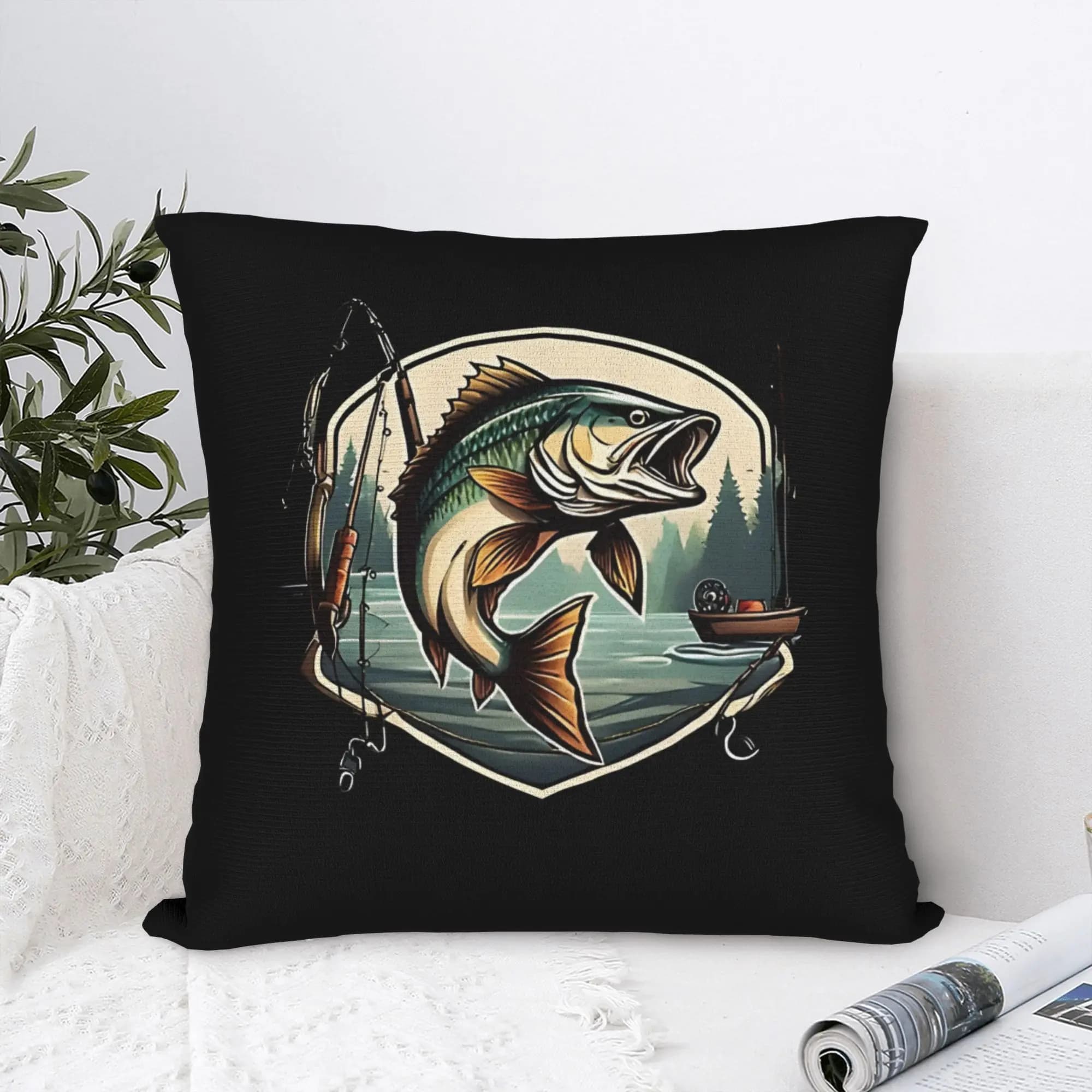 Fodera per cuscino da pesca con design Bass Jumping, in poliestere con cerniera, 16x16 pollici, quadrata, per lago, cabina, decorazione per la casa, divano, divano letto