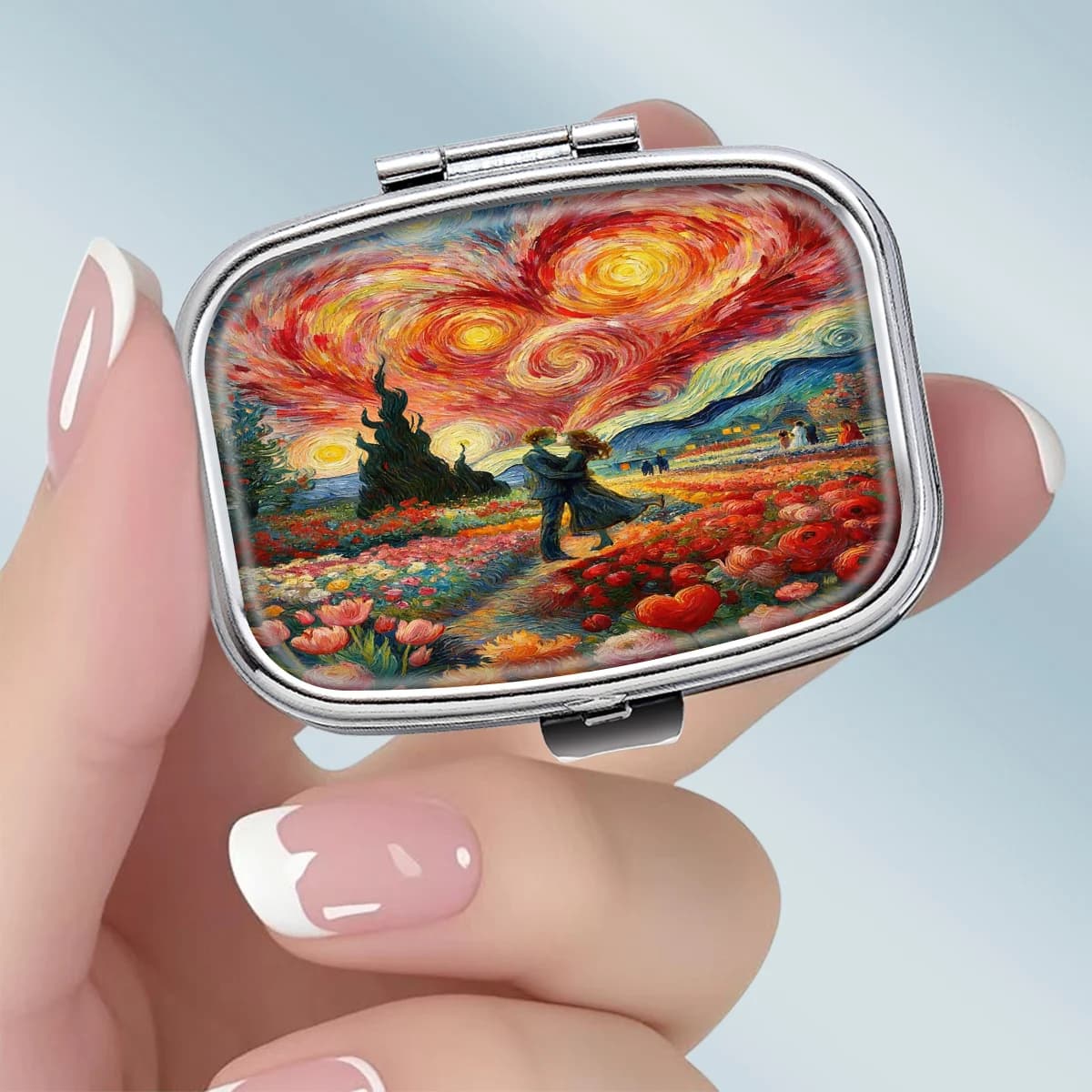 1pc Compact 2-compartment Square Metal Medicine Box, Designed with A New Impressionist Style Flower Field Starry Night Theme, Portable Decorative Vitamin Storage Box, Unique Gift for Pockets or Wallets