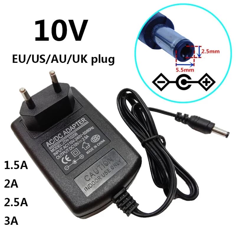 Adattatore di alimentazione 10V 2.5A 1.5A 2A 3A 100V-240V Per AC/DC 10 Volt 2500mA Alimentatore da parete 5.5mm * 2.5mm Convertitore adattatore da viaggio