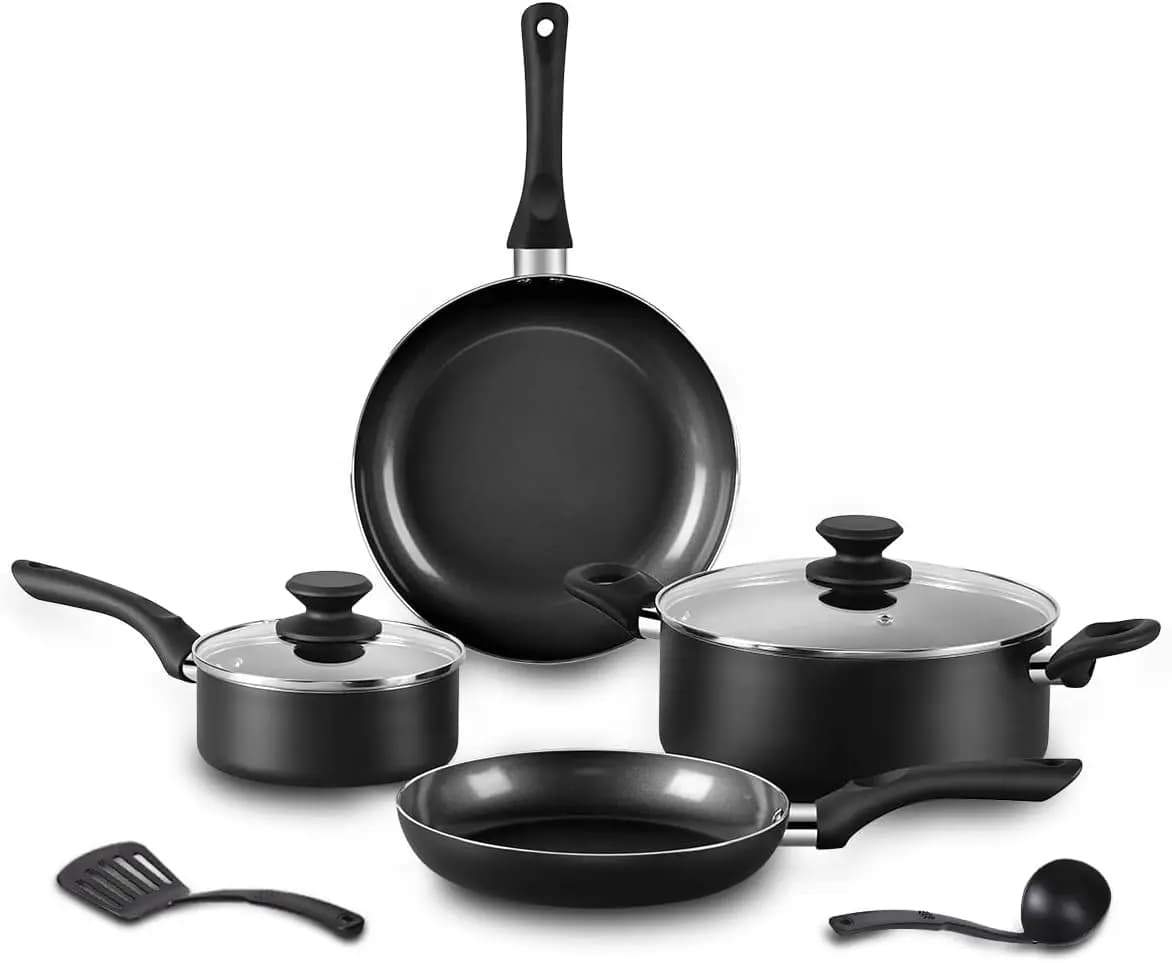 Set of 8 Pieces Black Ceramic Pots, Non-stick and Suitable for Induction, with Padella and Casseruola