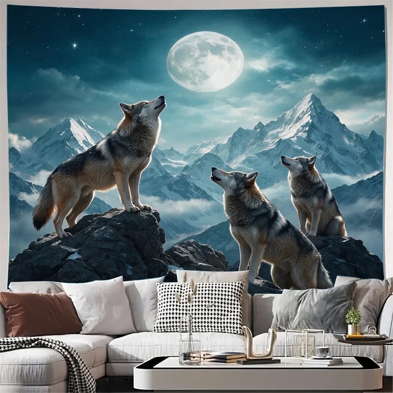 Dramatic Wolf Howling Full Moon Mountain Landscape Curtains Semi Sheer Decorative Window Panel Living Room Backdrop Curtain Drap