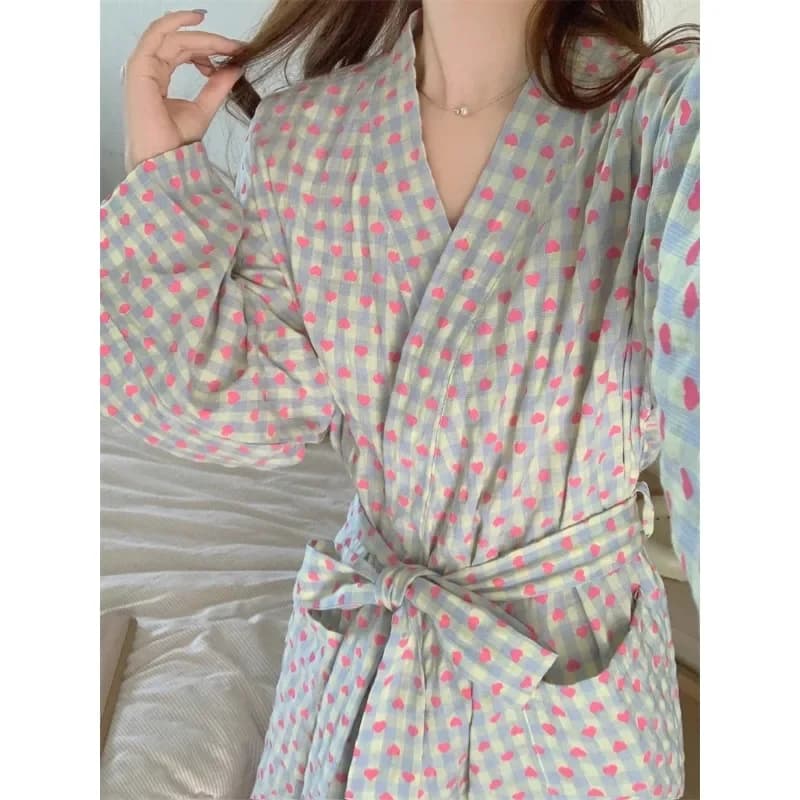 Women Sweet Plaid Long Sleeve V Neck Lace Up Loose Medium Long Comfortable Sexy Robe Home Wear Loungewear