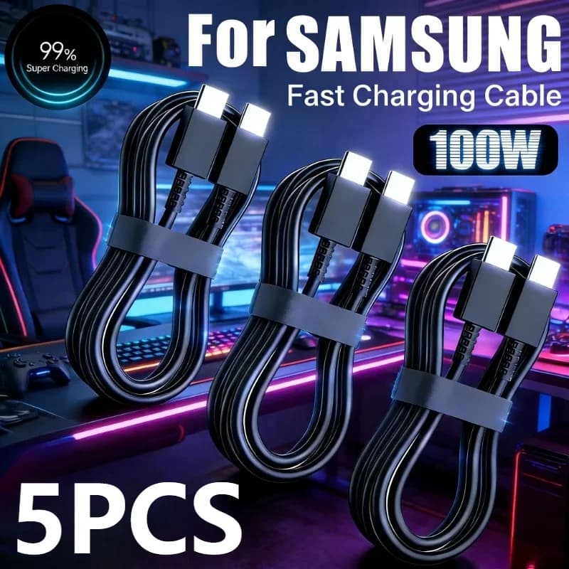 New Set of 5 100W Type C USB Cables for Quick Charging and Data Transfer for Samsung Galaxy S22 S23 S24 S25 Plus Note Ultra A53 A54