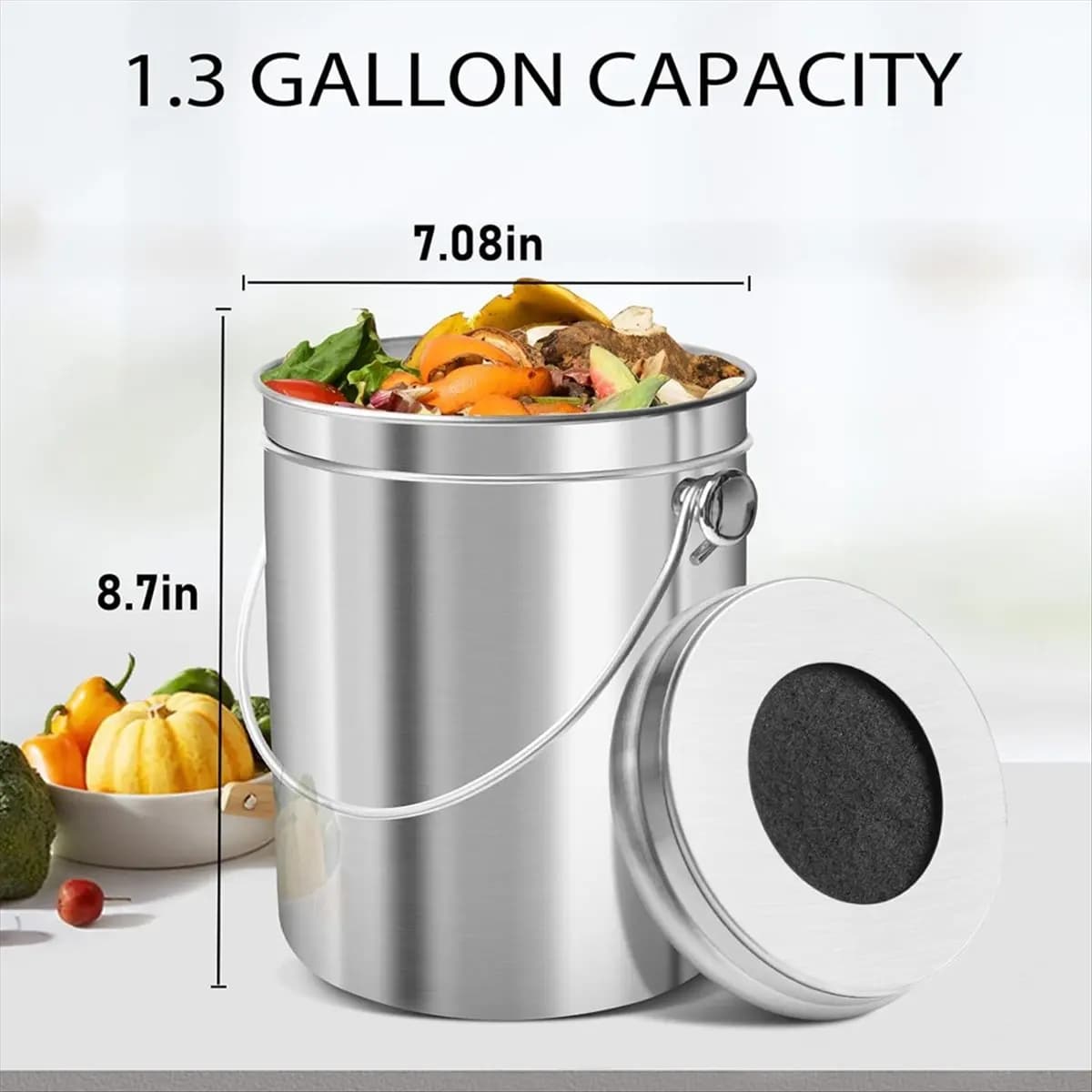 Secchio per compost AA83 per piano di lavoro della cucina, contenitore per compost in acciaio inossidabile da 1,3 galloni per interni con coperchio, secchio per rifiuti alimentari inodore
