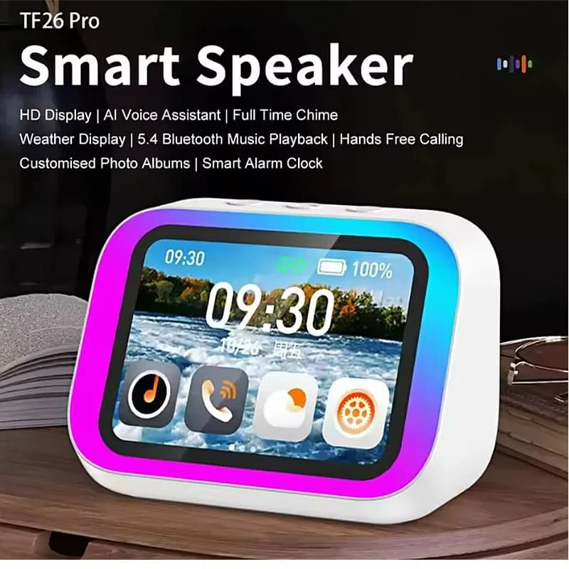 AI Smart Bluetooth 5.4 Speaker HD Touch Screen Display Electronic Album Alarm Clock Hi-fi Stereo Sound Voice Speaking Assistant