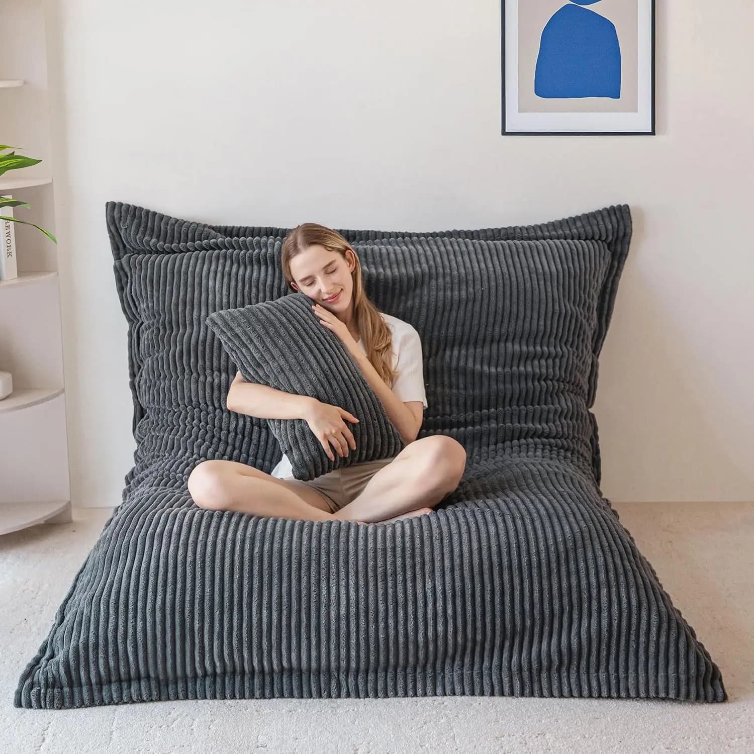 Poltrona Sacco Gigante Convertibile 3-in-1 con Rivestimento Lavabile e Cuscino da Terra Rimovibile per Adulti, Grigio Scuro Misura Intera