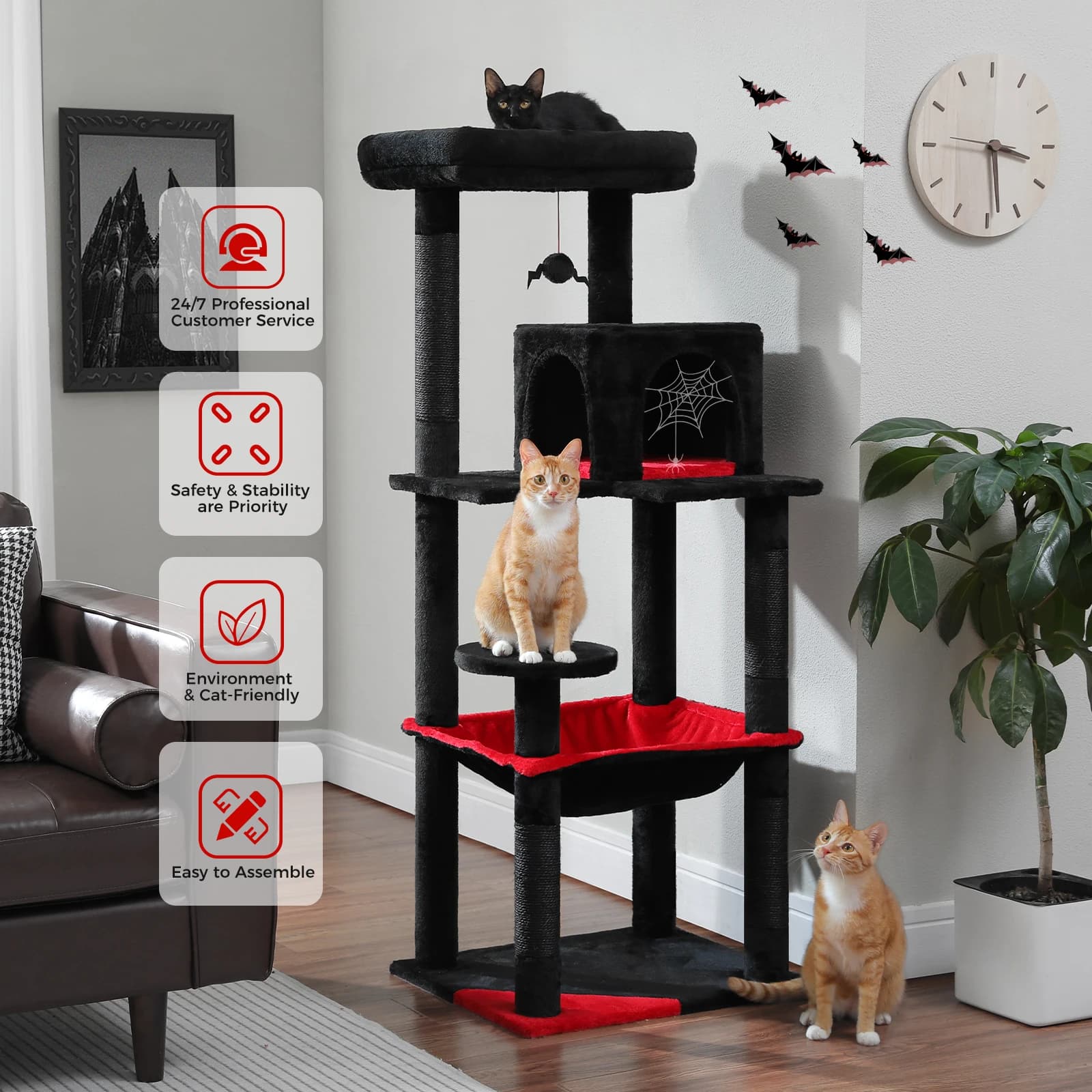 Albero per gatti gotico per gatti da interni, torre alta per gatti con amaca super grande, tiragraffi rivestito in sisal, accogliente poleiro superiore per condominio