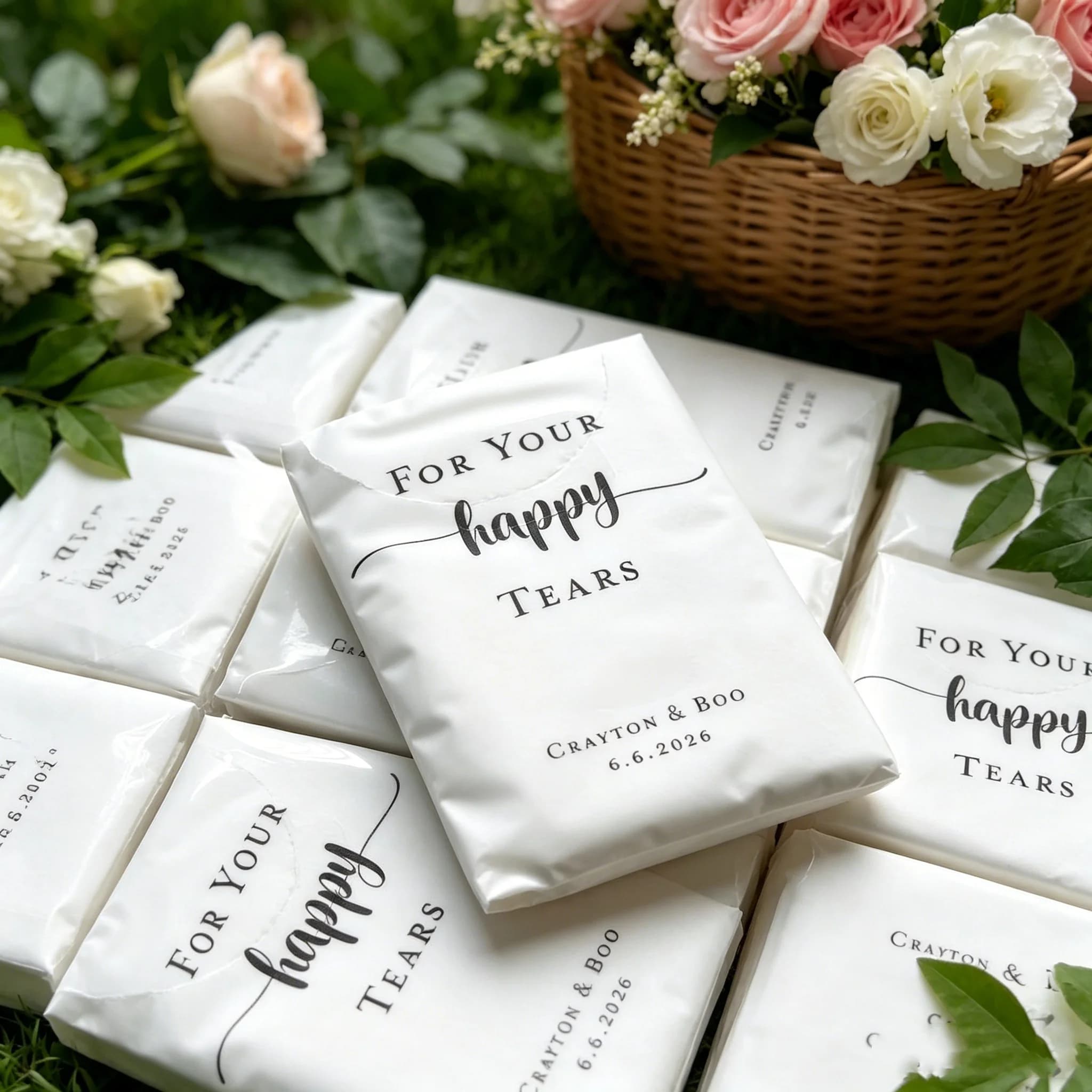 Elegant Script Happy Tears Wedding Tissue Sachets Custom Print White Tissue Packs Floral Table Decor Wedding Party Guest Giveawa