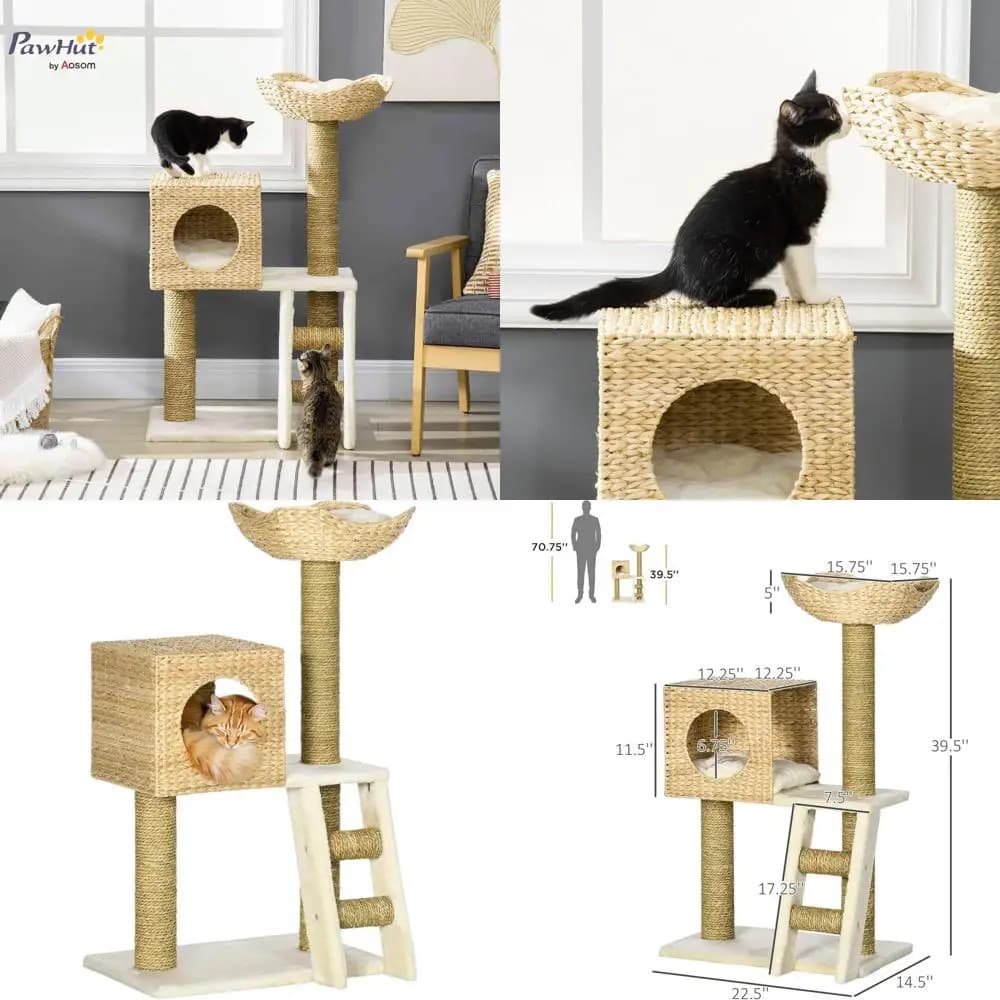 Torre per gatti da interno in rattan con letto in vimini, scala, cuscini lavabili, 22,5 x 14,5 x 39,5, naturale
