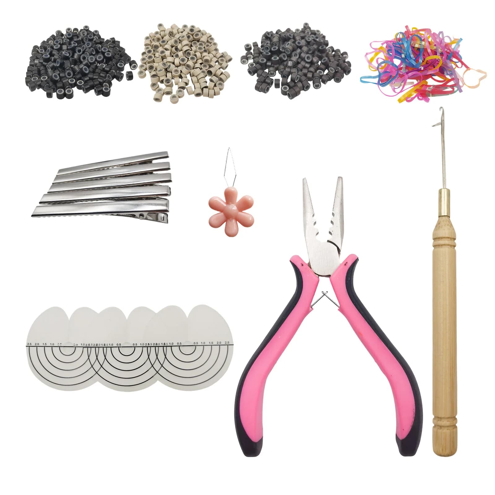 Kit di strumenti per extension per capelli con pinza a 3 fori, 200 microperline rivestite in silicone, 1 ago per uncinetto per capelli con punta a I/piuma/tinsel