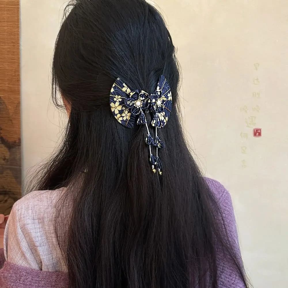 Sweet Bell Kimono Sakura hair clip with Sakura fabric tassel and fan, girl hair accessory, fan hair clip Kimono Hanfu for children