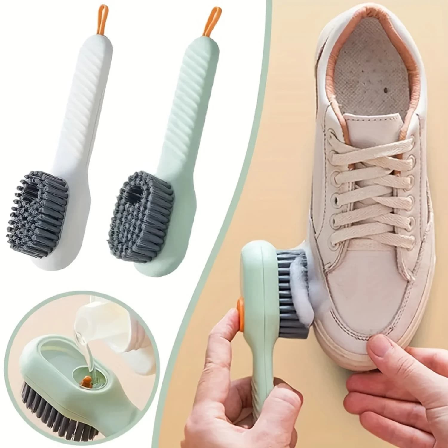 Spazzola per la pulizia a setole morbide con dispenser di sapone: manico lungo per scarpe, vestiti e uso