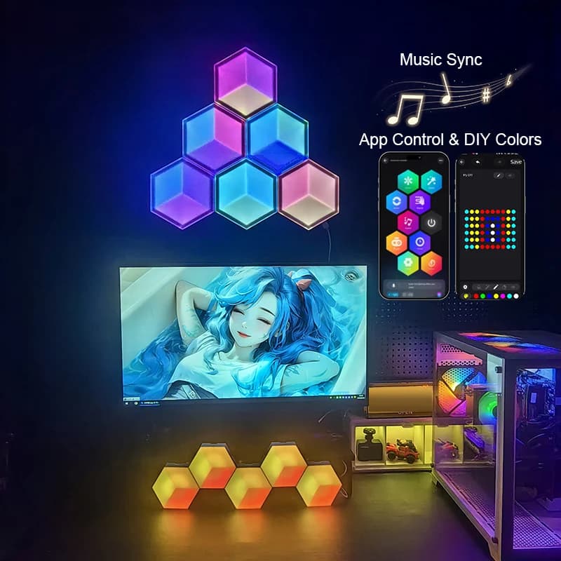 6/10 Pezzi Luci Esagonali 3D, Effetti Luminosi Fai-da-Te, Luci LED Intelligenti Sincronizzate con la Musica, Controllo tramite App, Compatibili con WiFi per Esports e Film