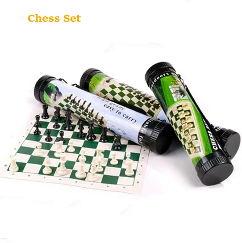 Portable Folding Chess Set with Barrel Storage Tube Plastic Chess Pieces Outdoor Travel Family Board Game Gift for Adults Kids