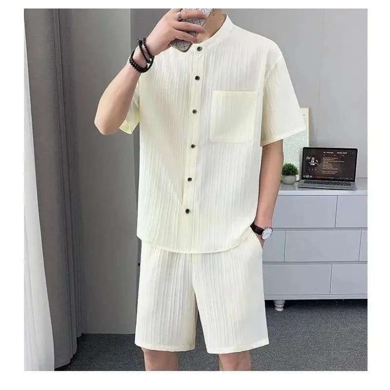 Summer Men's Shirt Set Stripe Minimalist Casual Cardigan Pocket Short Sleeved Shirt + Shorts Beach Classic Hawaii Short Sets 5xl