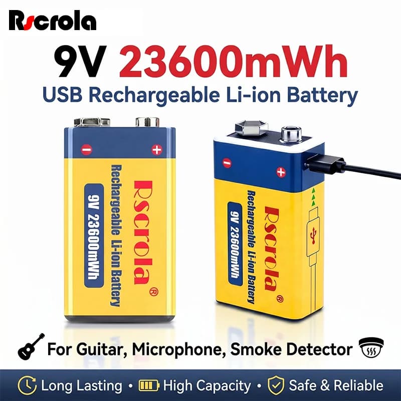 Batteria Ricaricabile agli Ioni di Litio 9V 23600mWh 6F22 PP3 a Lunga Durata con Ricarica USB per Chitarra, Microfono, Rilevatore di Fumo, Pedale Effetti