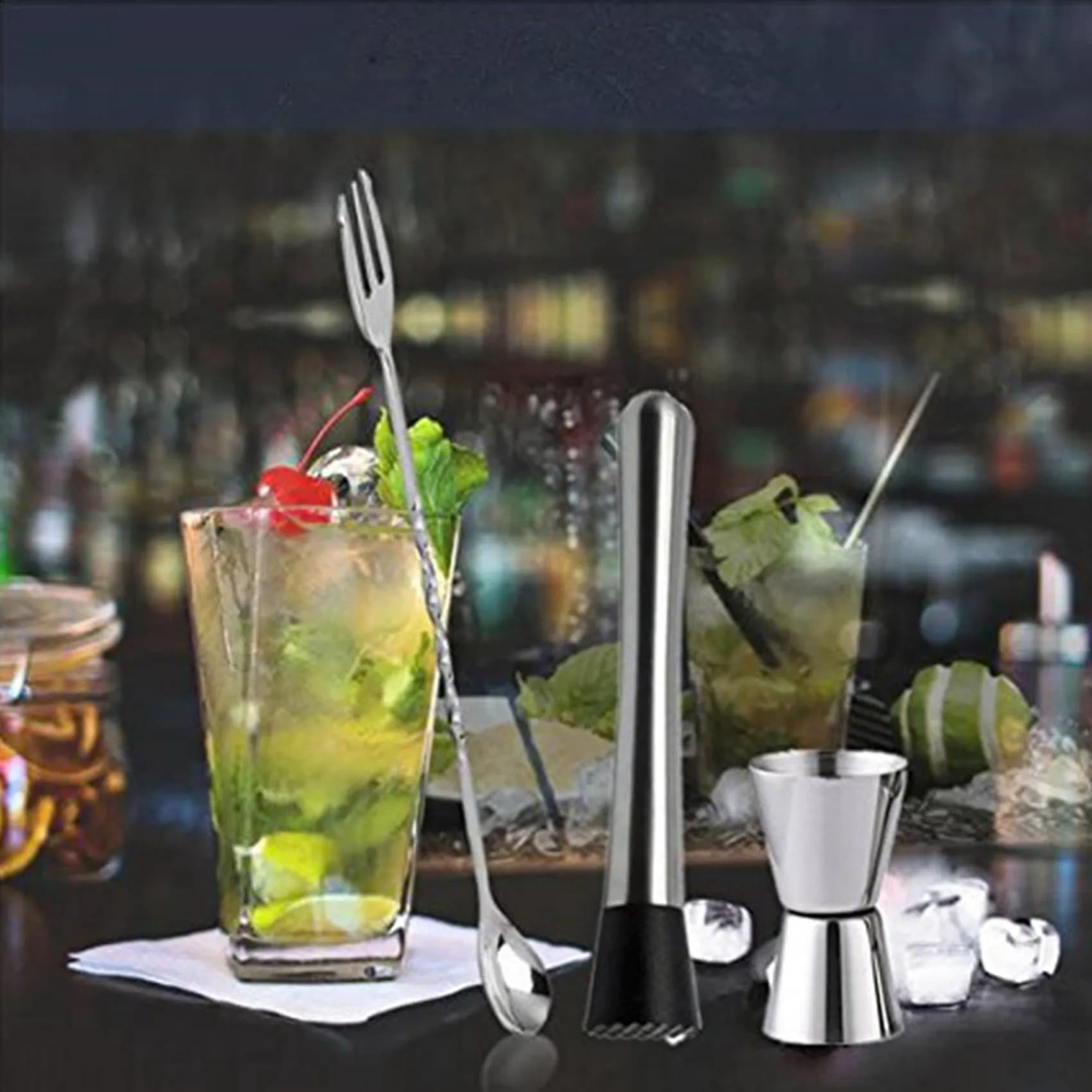 2X Muddler da cocktail in acciaio inossidabile, cucchiaio da miscelazione, set da jigger, set di attrezzi da bar per cocktail da vino per feste da bar Shaker-B51B