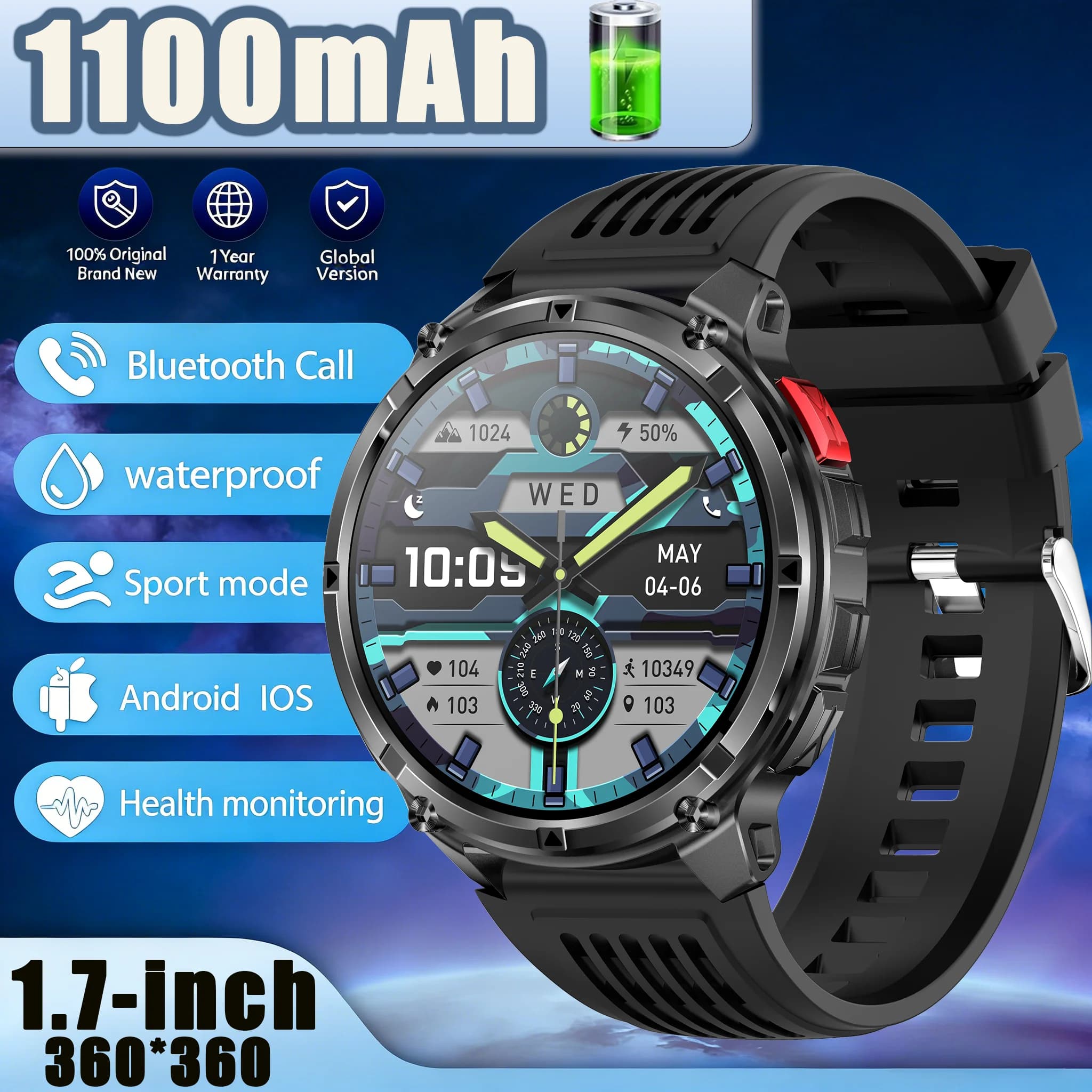 New Smartwatch 2026 for Exterior with 1100mAh Battery, GPS, Compass, Bluetooth Call, Waterproof, Sports Mode, LED Flashlight, Health Monitoring