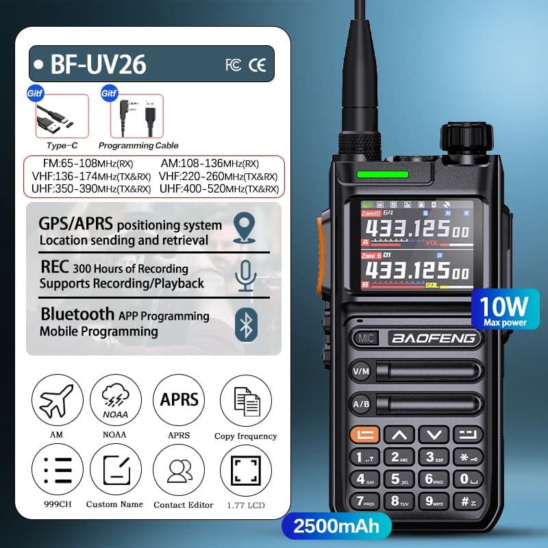 Baofeng UV26 Walkie Talkie GPS APSR Multi Band Bluetooth Programmazione Registrazione Wirless Frequenza di copia Tipo-C A lungo raggio Bidirezionale
