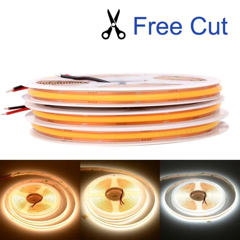 8mm Free Cut COB LED Strip Light 12V/24V 528LEDs/m Flexible Ribbon Light No Dark Spot Cuttable 3000K 4000K 6000K Warm Cool White