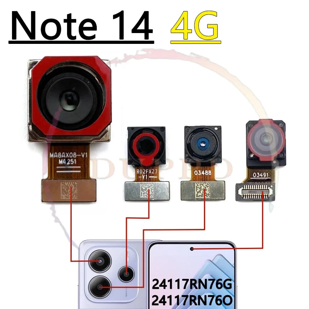 Fotocamera principale frontale per Xiaomi Redmi Note 14 Note14 4G 5G Ampia parte anteriore piccola fotocamera posteriore Moduel Parti del cavo flessibile
