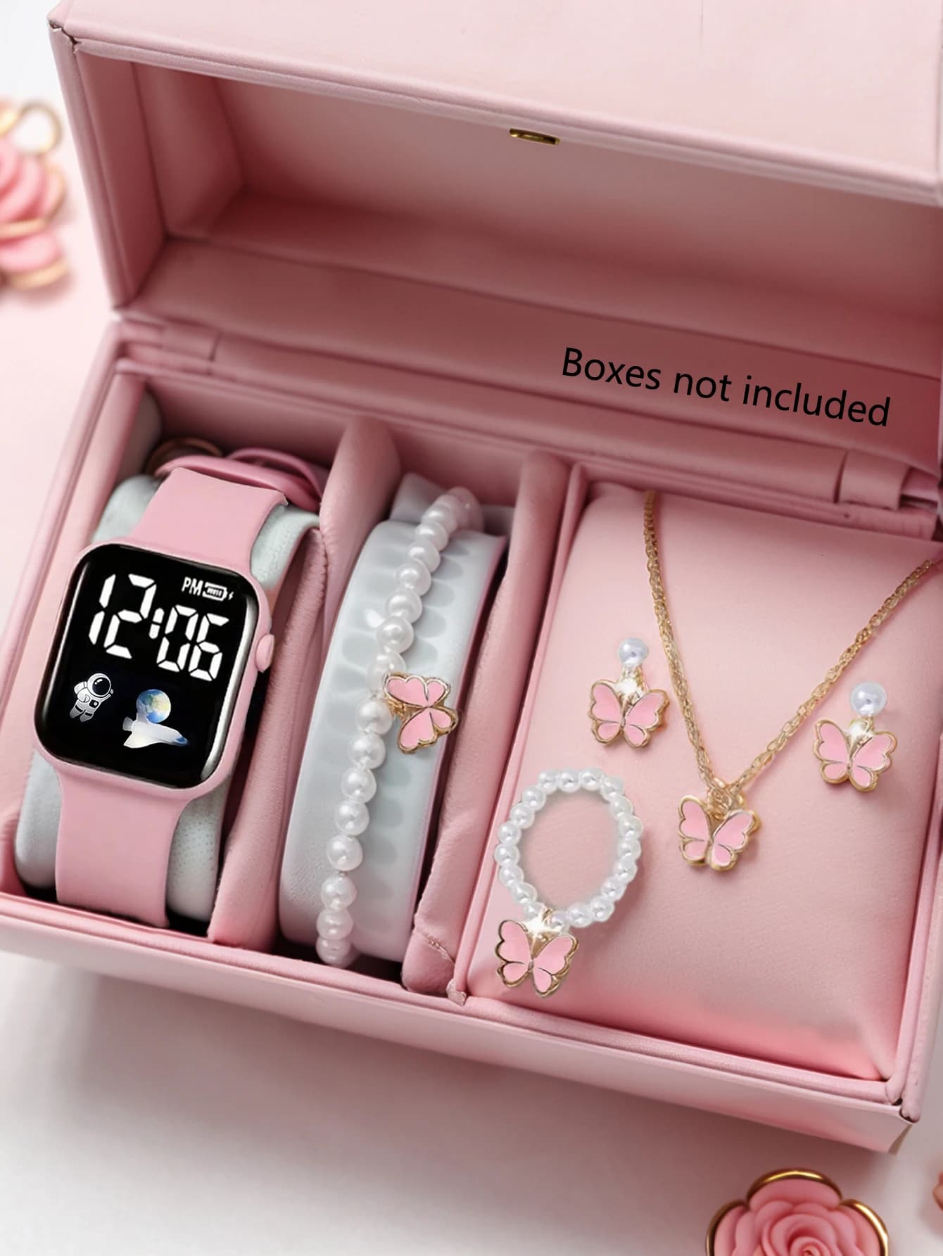 Set di orologi elettronici quadrati con design a farfalla con perline e motivo a astronave, regalo di compleanno non smartwatch senza scatola